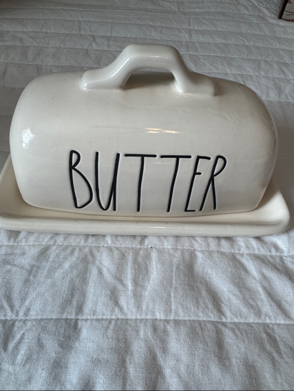 Rae Dunn Cream Ceramic Butter Keeper with Black Lettering